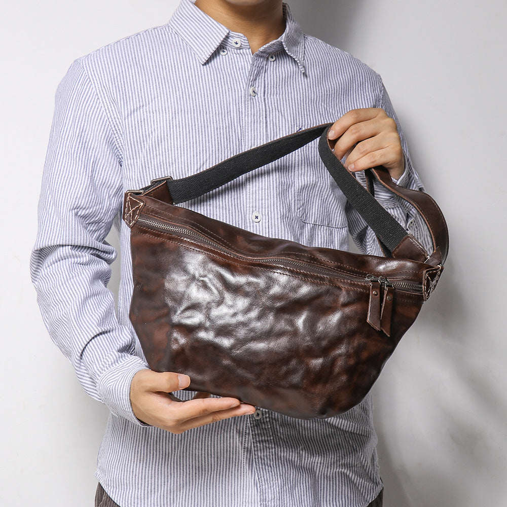 Retro Men's Skull Pattern Leather Crossbody Bag For Outdoor Cycling Vintage Brown First Layer Cowhide Wear Resistant