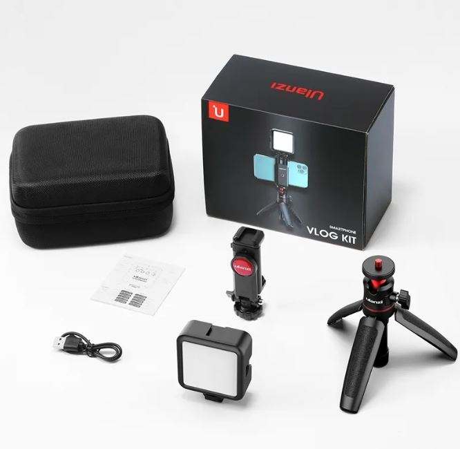 Black vlog kit with tripod selfie stick, LED fill light, phone holder, case and accessories