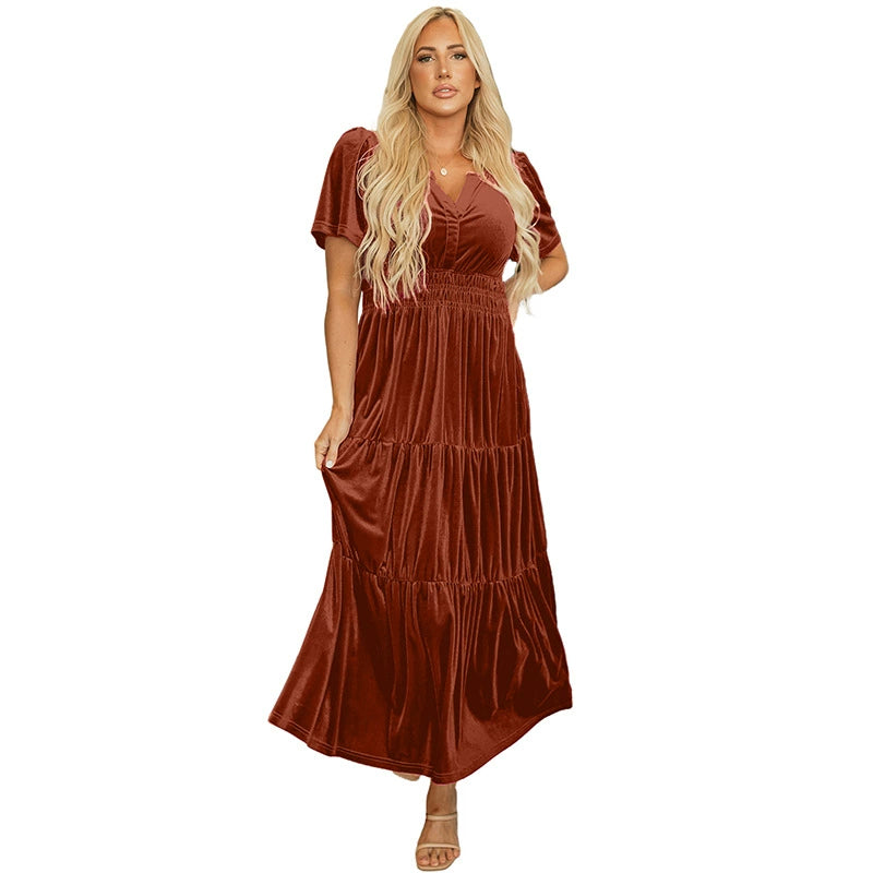 Women's wine-red velvet puff-sleeve maxi dress with tiered ruffles and V-neck