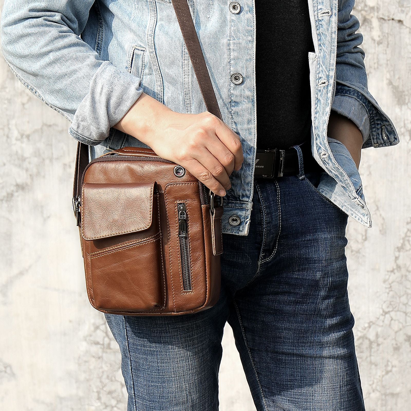 Men's Minimalist Leather Crossbody Bag for Business and Travel Genuine Cowhide Wear Resistant
