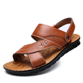 Men's leather back-strap sandals, tan-brown open toe with buckle strap and stitched upper