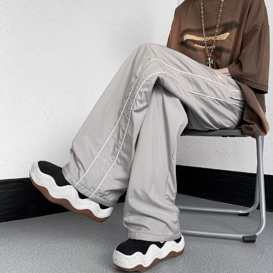 Outdoor Waterproof Men's American High Street Vibe Ice Silk Wide Leg Striped Casual Pants