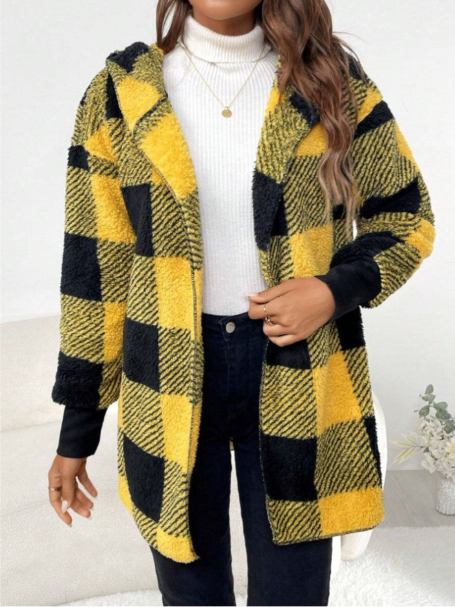 Yellow and black plaid knit cardigan sweater with open front and long sleeves