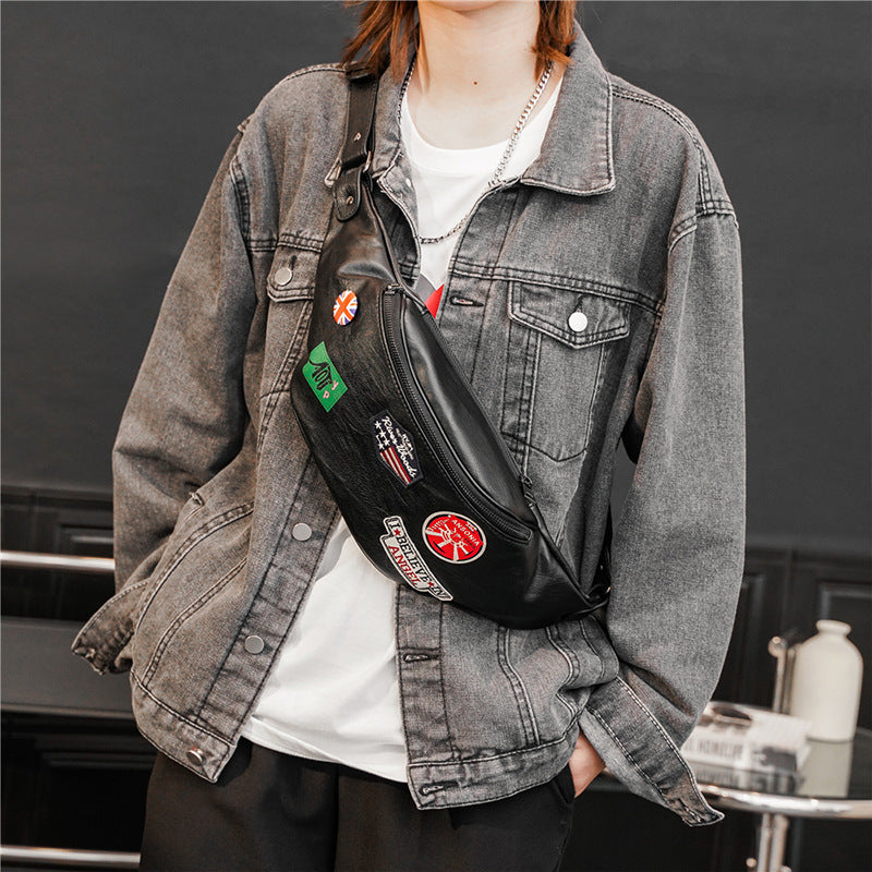 Men's PU Leather Badge Waist Bag And Shoulder Bag Waterproof Crossbody Geometric Pattern Black Street Style