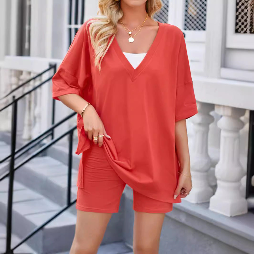 Women’s cotton short-sleeve top and shorts set, coral red v-neck with matching shorts