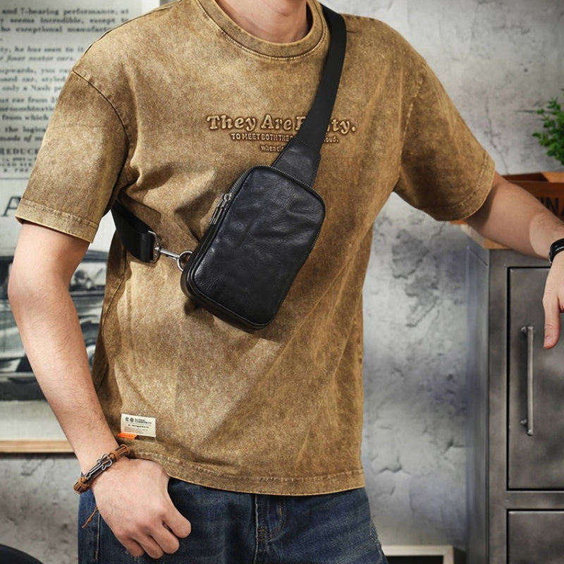 Men's Messenger Bag Genuine Vegetable Tanned Cowhide Leather Pouch Chest Shoulder Bag