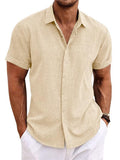 Khaki short-sleeve button-up shirt with stand collar, solid loose fit