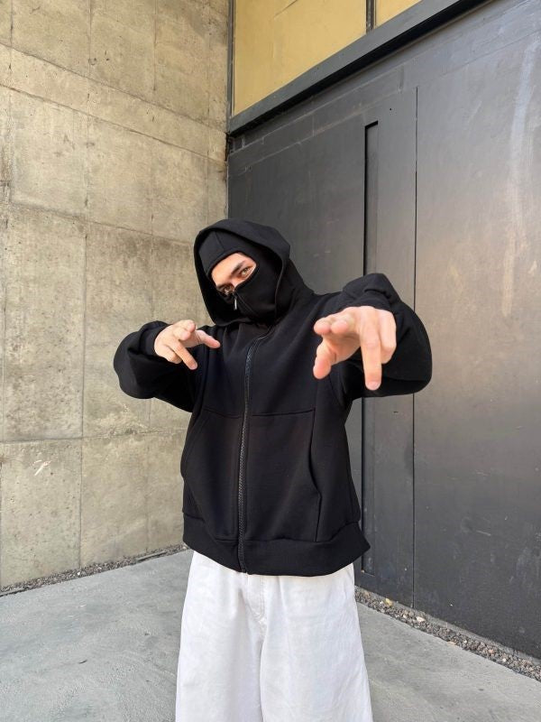 Double-layer Masked Hooded Loose Zip Men's Solid Color Hoodie
