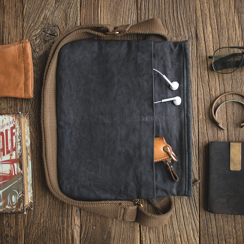 Men's Canvas Shoulder Bag 10 Inch Dark Gray Retro Madden Tooling Satchel For Everyday Use