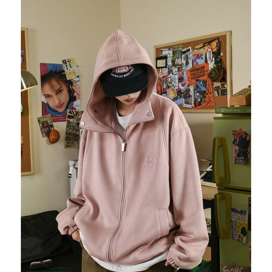 Men's Thick Loose Pu Shuai Embroidered Zipper Hooded Jacket