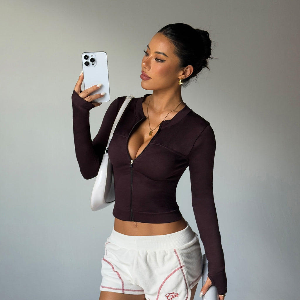 Brown Long Sleeve Zip Up Quick Dry Yoga Jacket For Training Sports Fitness Nylon Spandex