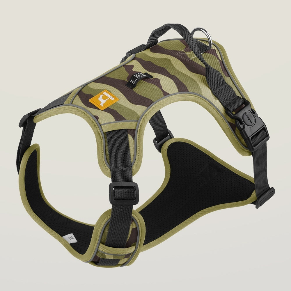 Reflective dog harness, army green camo with light olive trim and adjustable front straps