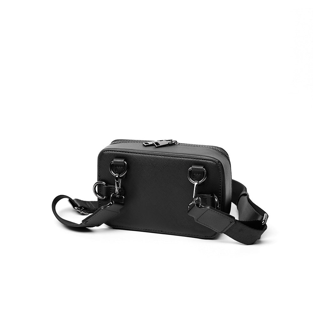 Korean Casual Men's Horizontal Crossbody Bag PU Leather Waterproof Black for Leisure Travel with Sewing Line Detail