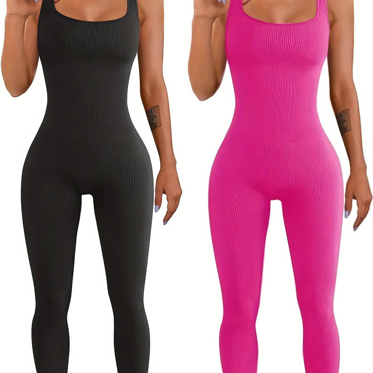 Black and bright pink sleeveless spandex workout bodysuits, fitted one-piece tanks.