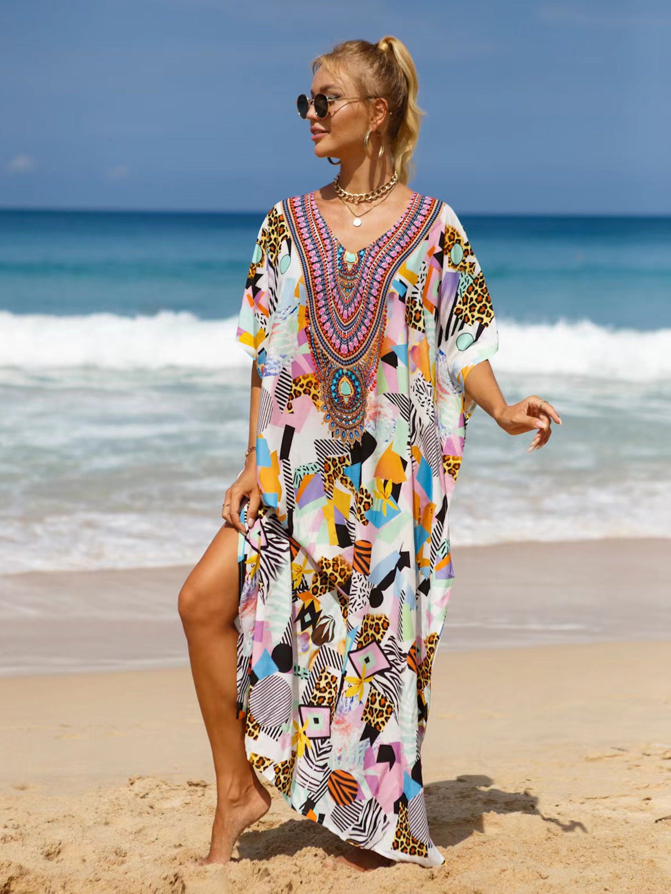 Bohemian Beach Cover Up Dress For Women - Flowy Long Maxi Dress, Lightweight Cotton Blend, Plus Size Available