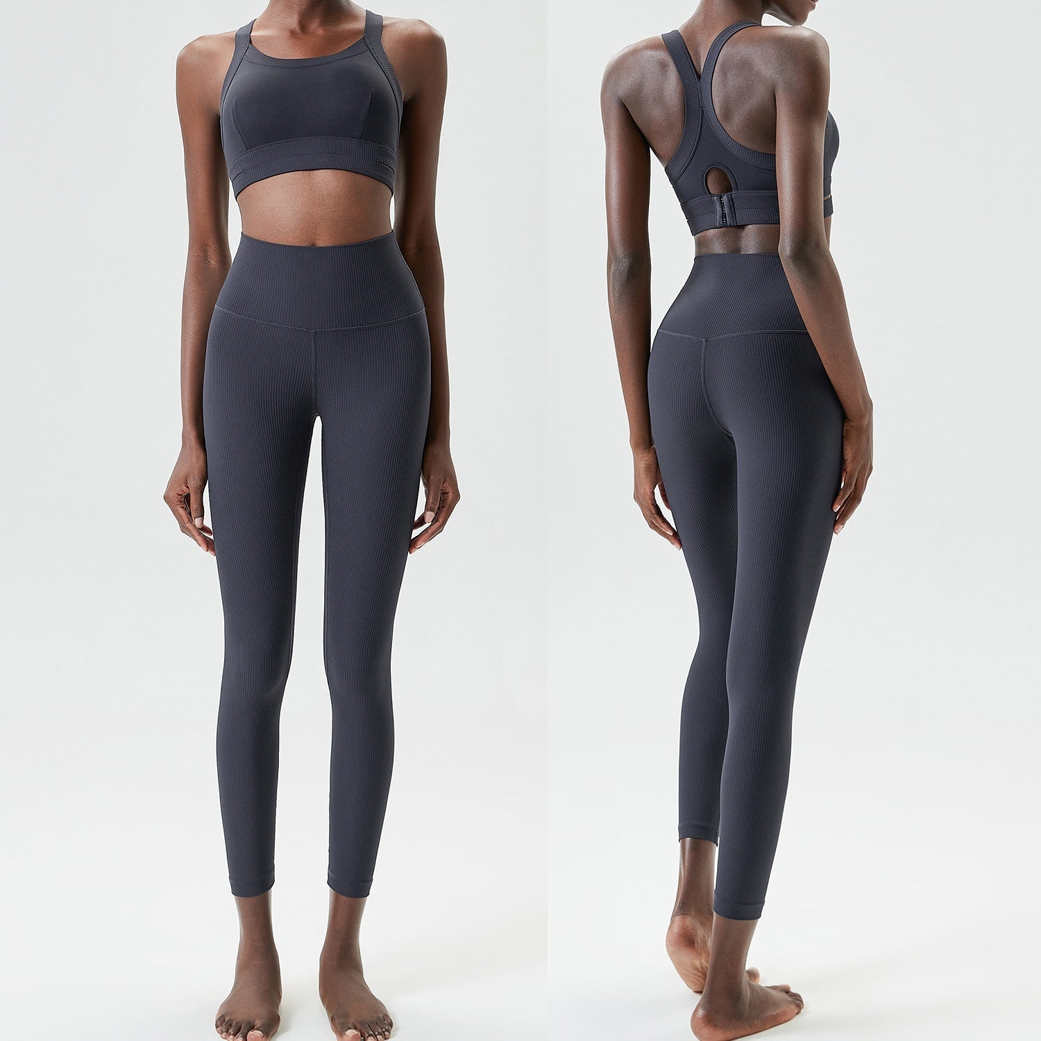 Willow Leaf Sport Two Piece Workout Set With Double Layer Ribbon Bra And Trousers Distilled Coffee Or Charcoal Blue Gray
