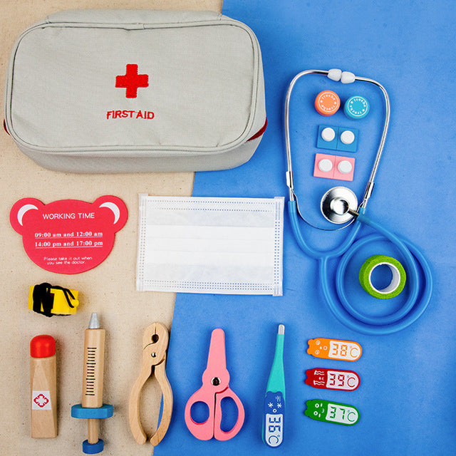 Doctor toy set carry kit with first-aid pouch, stethoscope, scissors, and thermometer cards