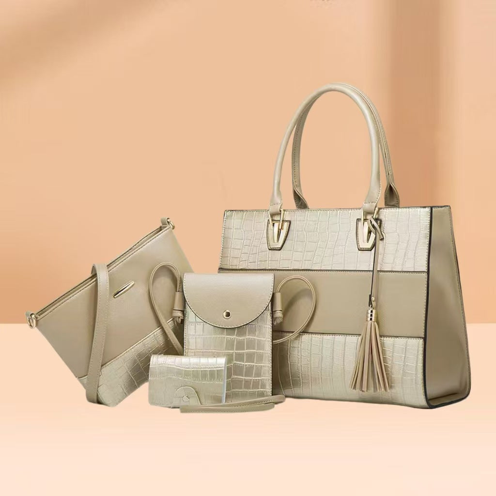 Crocodile-embossed PU handbag set in beige, with tassel and crossbody strap pieces