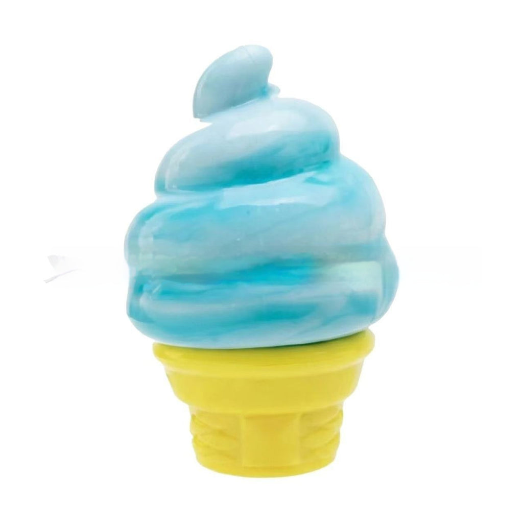 Blue ice cream-shaped stress toy with yellow cone base, standing upright