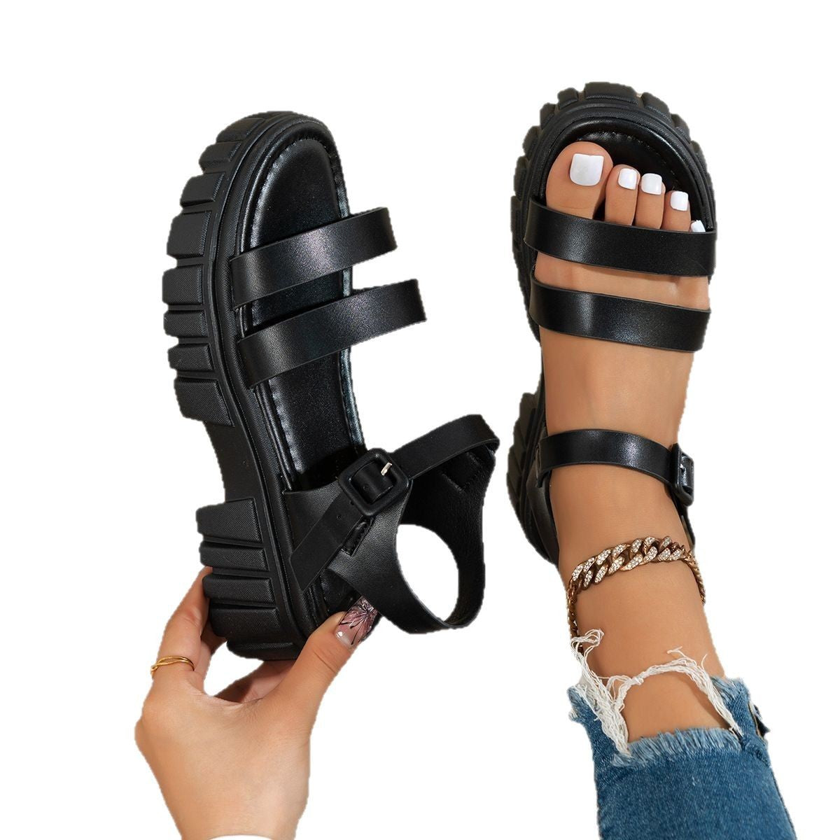 Open Toe Muffin Bottom Platform Sandals - Women's Ankle-Strap Buckle Shoes