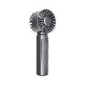 Dark gray handheld fan with circular air grille and compact grip