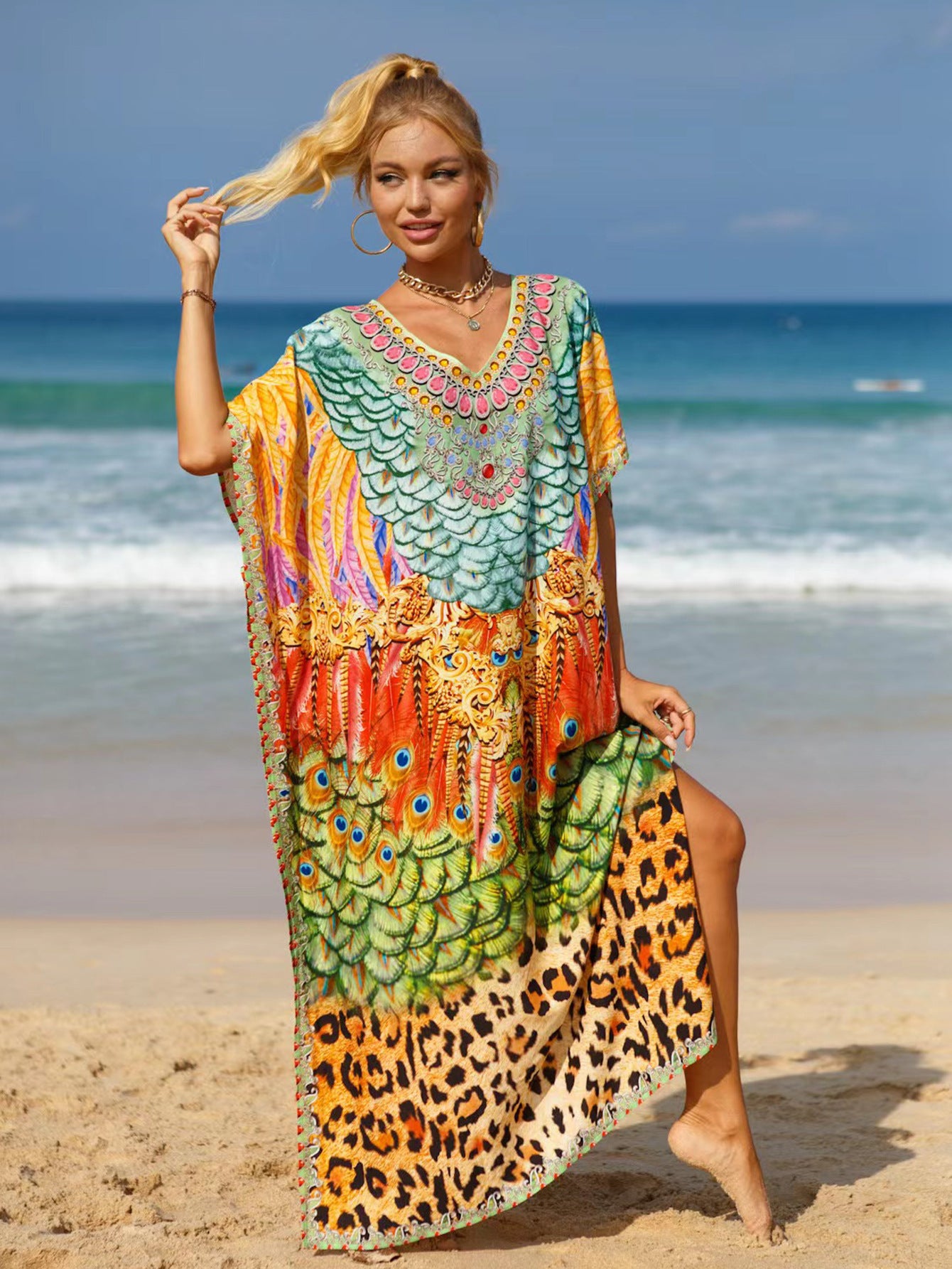 Bohemian Beach Cover Up Dress For Women - Flowy Long Maxi Dress, Lightweight Cotton Blend, Plus Size Available