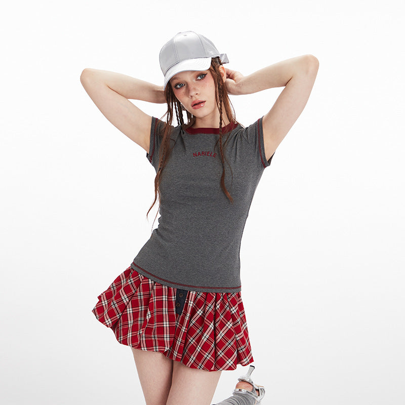 Casual Round Neck Short Sleeve Women Alphabet Embroidery Tee Slim Fit Cotton Top