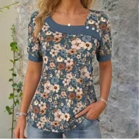 Summer New Floral Button T-shirt For Women Short Sleeve Round Neck Top