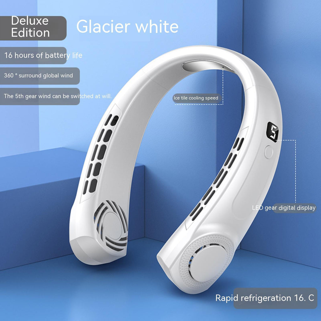 Portable hanging neck fan in white, curved neck style with vented airflow panels