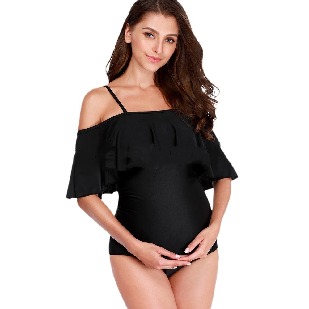 New European And American Solid Color Off-shoulder Ruffles Plus Size Swimwear For Pregnant Women