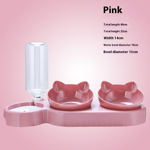 Pink 3-bowl pet feeding station with clear auto water dispenser and two food bowls