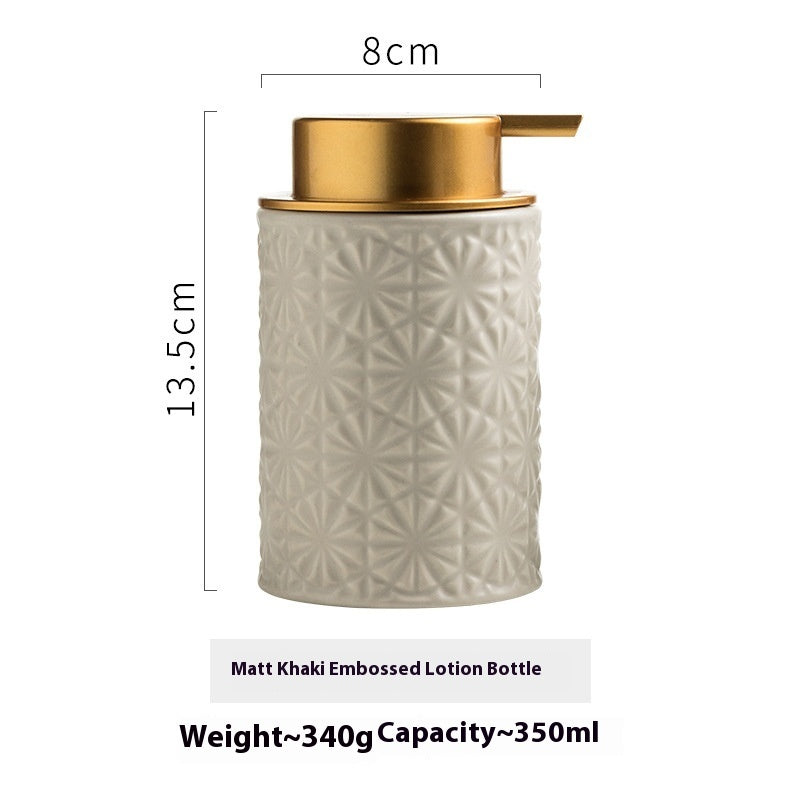 Matte ceramic foam pump dispenser bottle, khaki embossed pattern with gold pump
