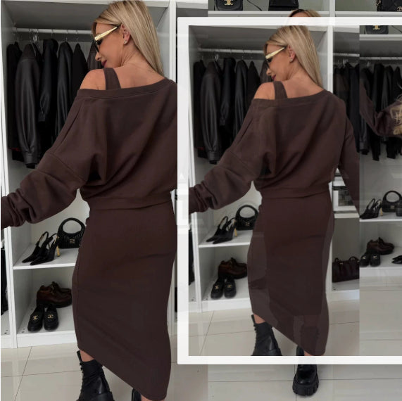 Dark brown 2-piece set with long-sleeve sweatshirt and sleeveless midi dress