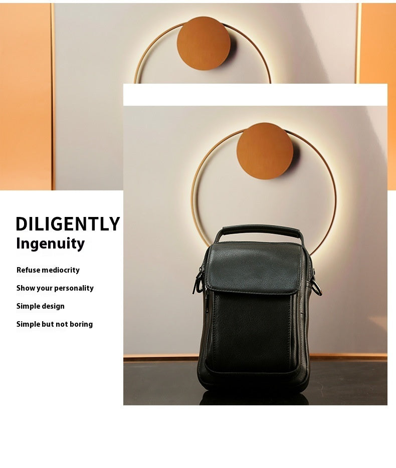 Mens Genuine Leather Top Grain Cowhide Retro Messenger Bag Black 7 Inch European American Style