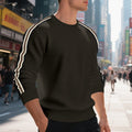 Black men's crewneck pullover sweater with contrast triple stripe sleeve trim
