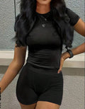 Women's solid stretch short sleeve top and shorts set in black
