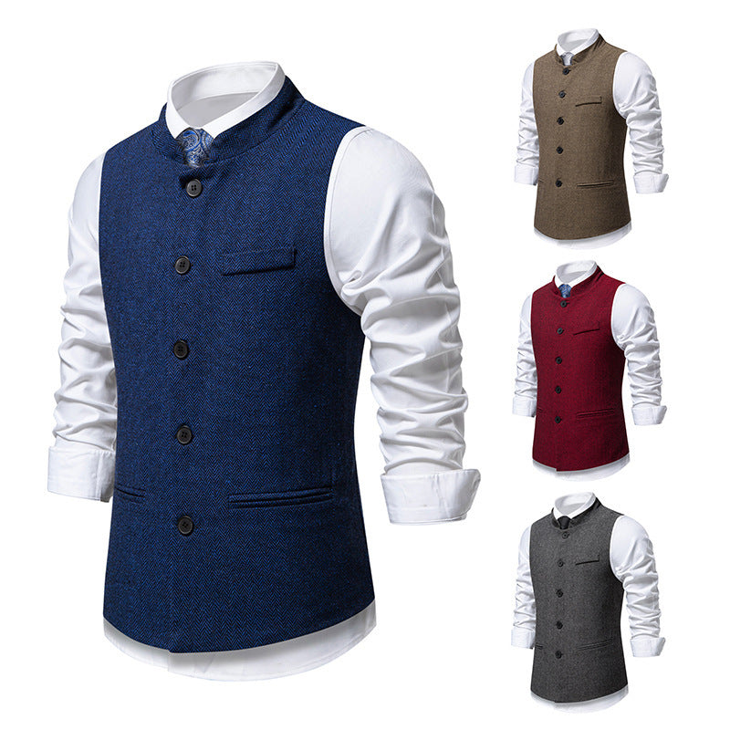 New Men's Retro Stand Collar Herringbone Senior Solid Color Suit Vest
