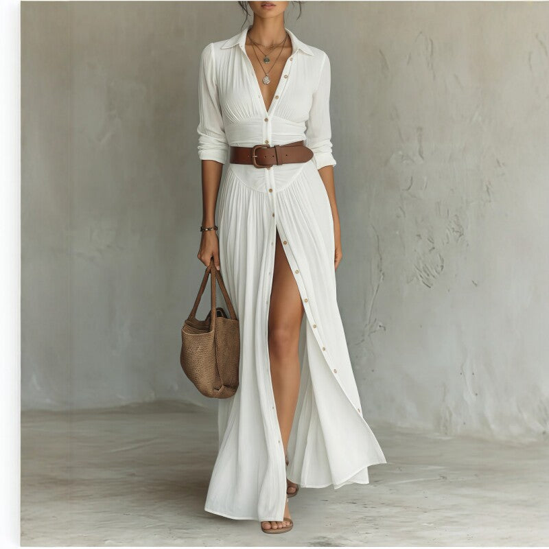 White V-neck long maxi dress with side slit, button front, gathered waist