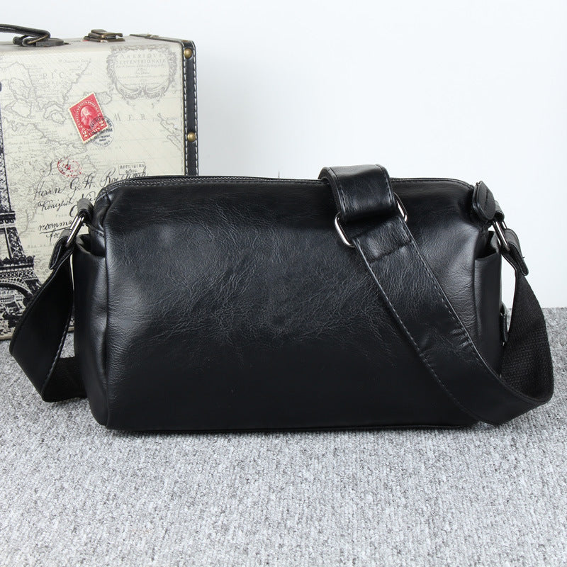Mens Korean Style Casual Shoulder Messenger Bag Black PU Leather with Soft Inner Lining Front Pocket and Single Strap