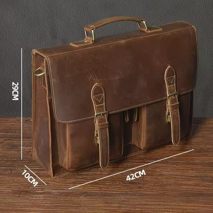 Genuine Cowhide Leather Crossbody Computer Bag Business Travel Anti Theft Wear Resistant In Black Coffee And Dark Brown