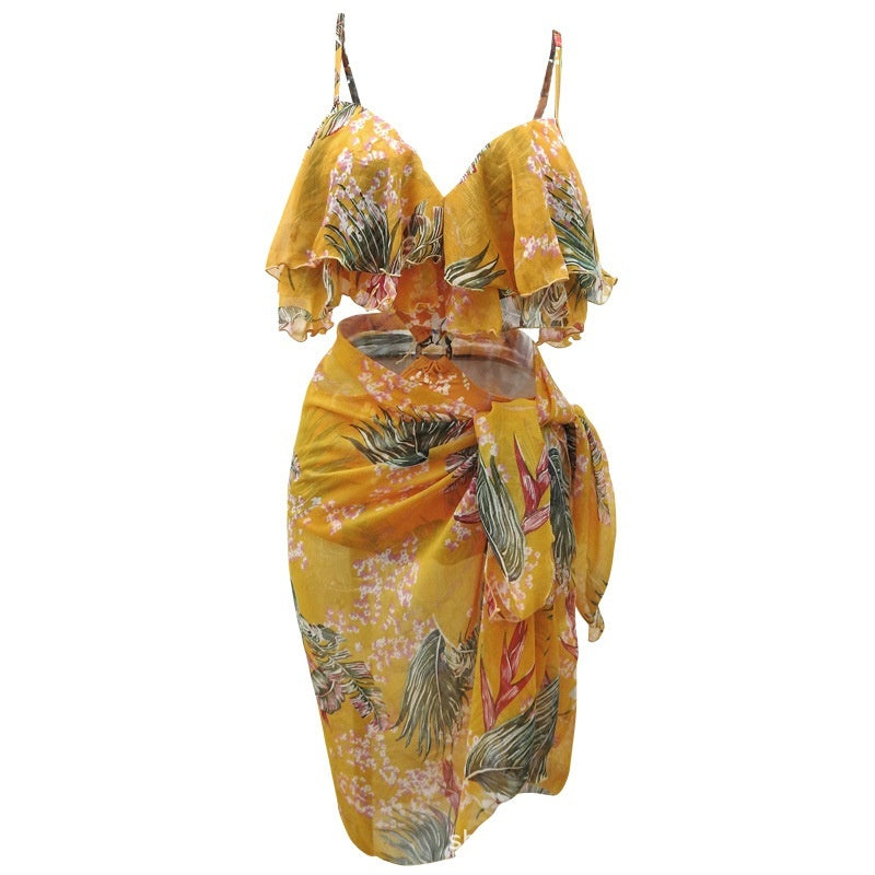 New Women Push Up One-piece Triangle Belt Large Veils Couple Swimwear