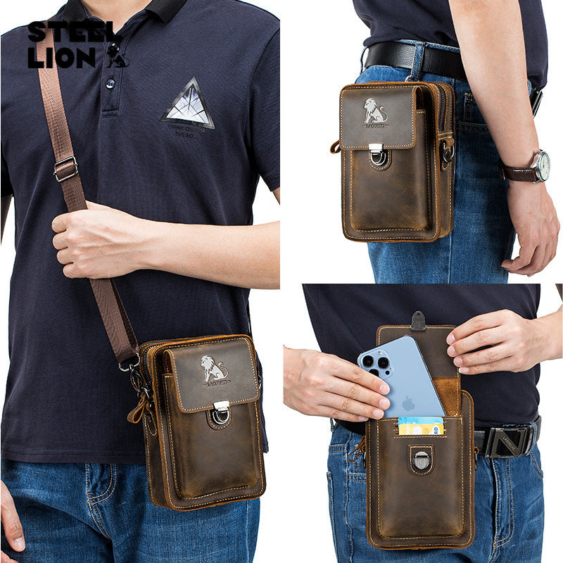 Mens Leather Belt Multi Functional Shoulder Messenger Bag Genuine First Layer Cowhide Wear Resistant Chain