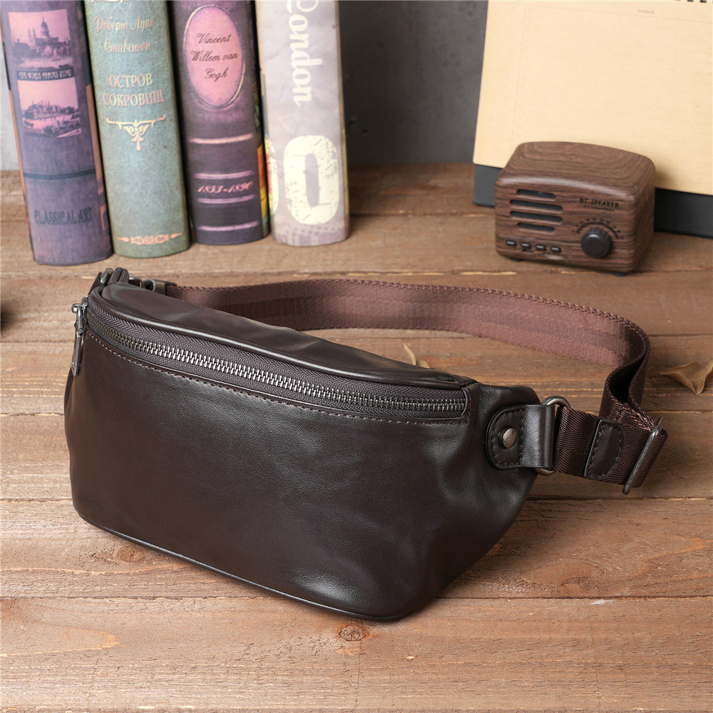 Baotou Layer Cowhide Phone Belt Crossbody Chest Bag Large Capacity For Travel And Sports