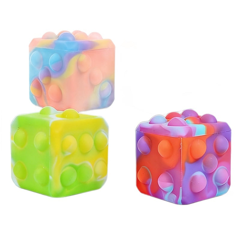 Square silicone bubble stress ball set with three colors: blue, green, and purple