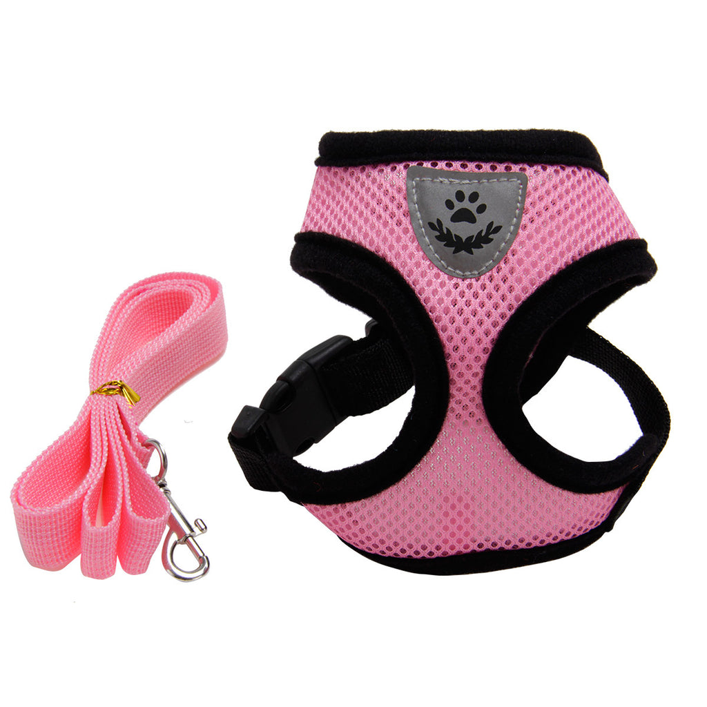 Pink breathable mesh dog harness with paw badge and matching pink leash