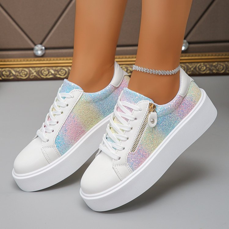 White platform lace-up sneakers with pastel glitter overlays and side zipper