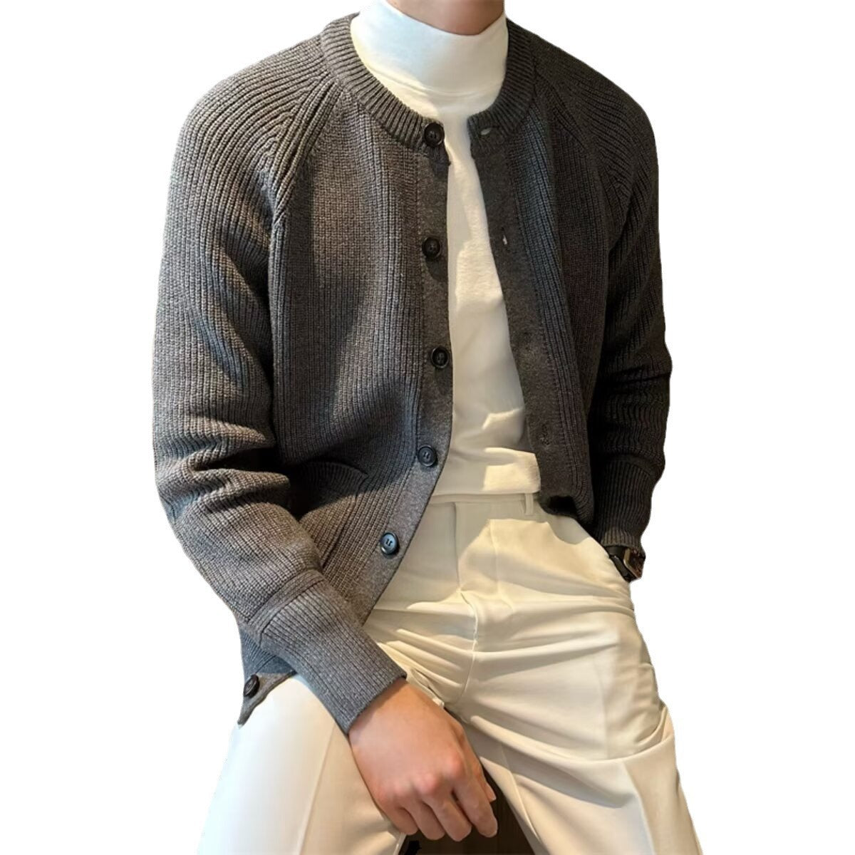 Cardigan Solid Color Round Neck Sweater Coat For Men