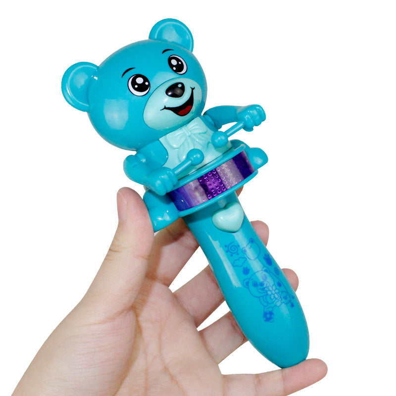 Blue bear baby music stick toy in hand with purple drum