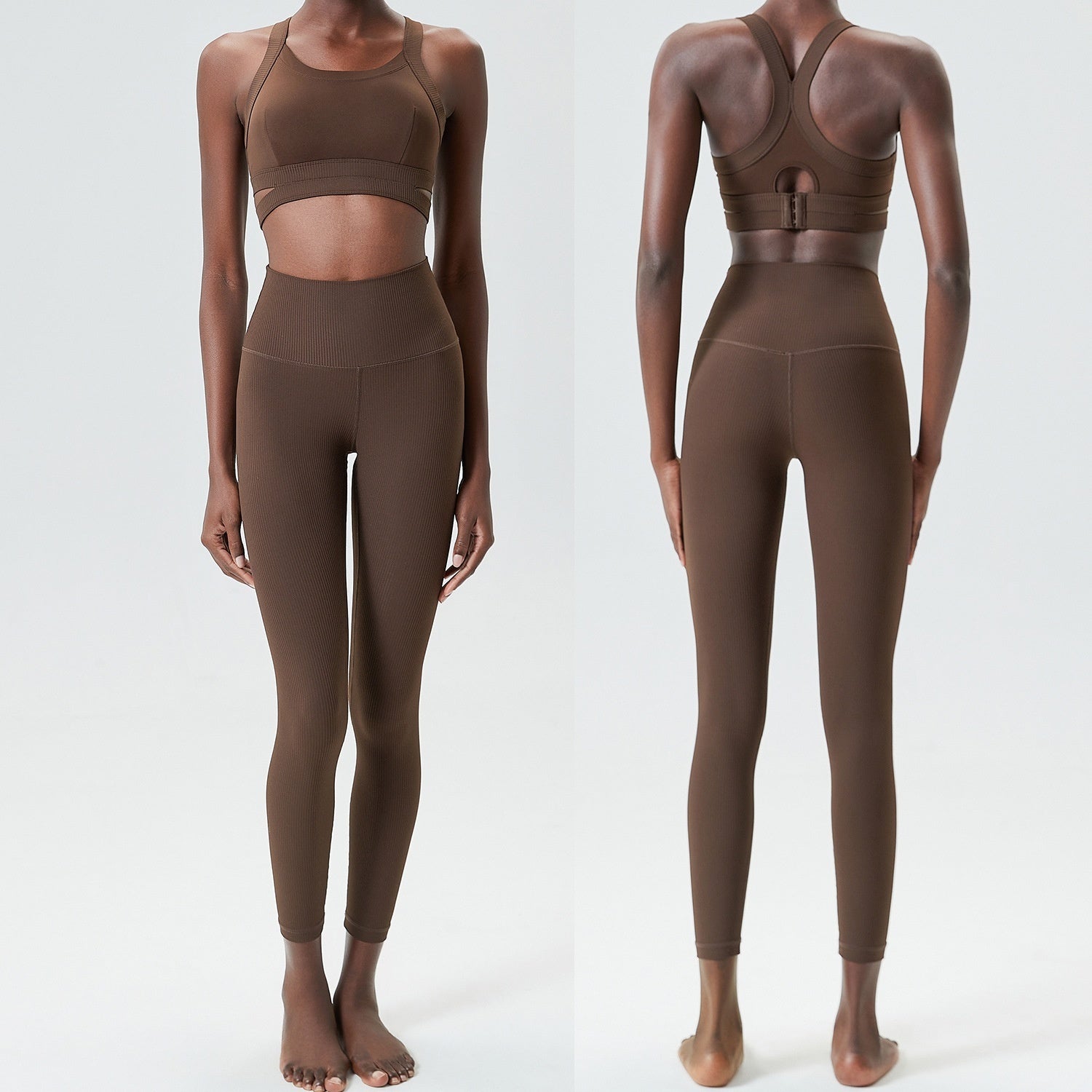 Willow Leaf Sport Two Piece Workout Set With Double Layer Ribbon Bra And Trousers Distilled Coffee Or Charcoal Blue Gray