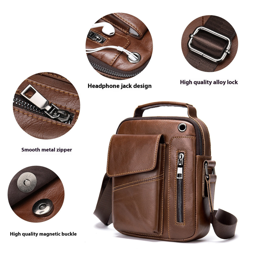 Men's Minimalist Leather Crossbody Bag for Business and Travel Genuine Cowhide Wear Resistant